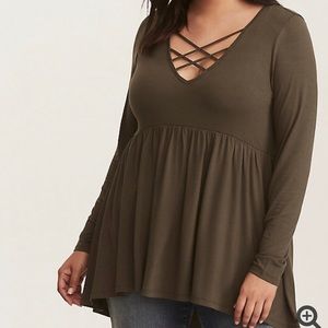 Olive Jersey Knit Strappy Babydoll Top